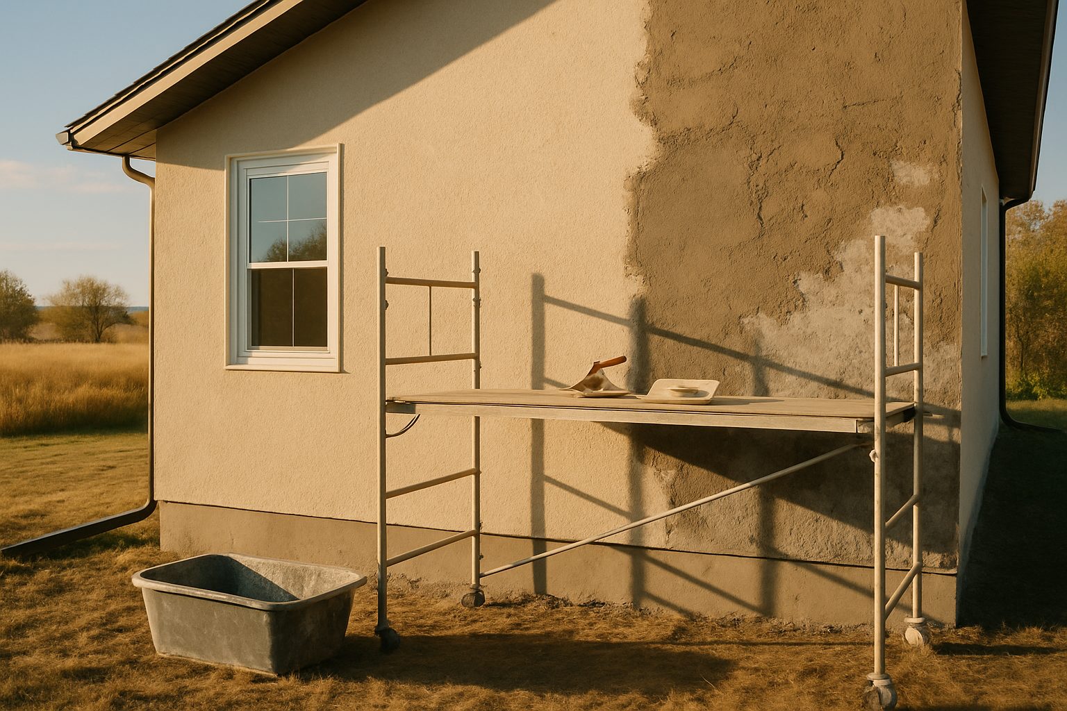 Freshly repaired stucco wall on a Winnipeg house